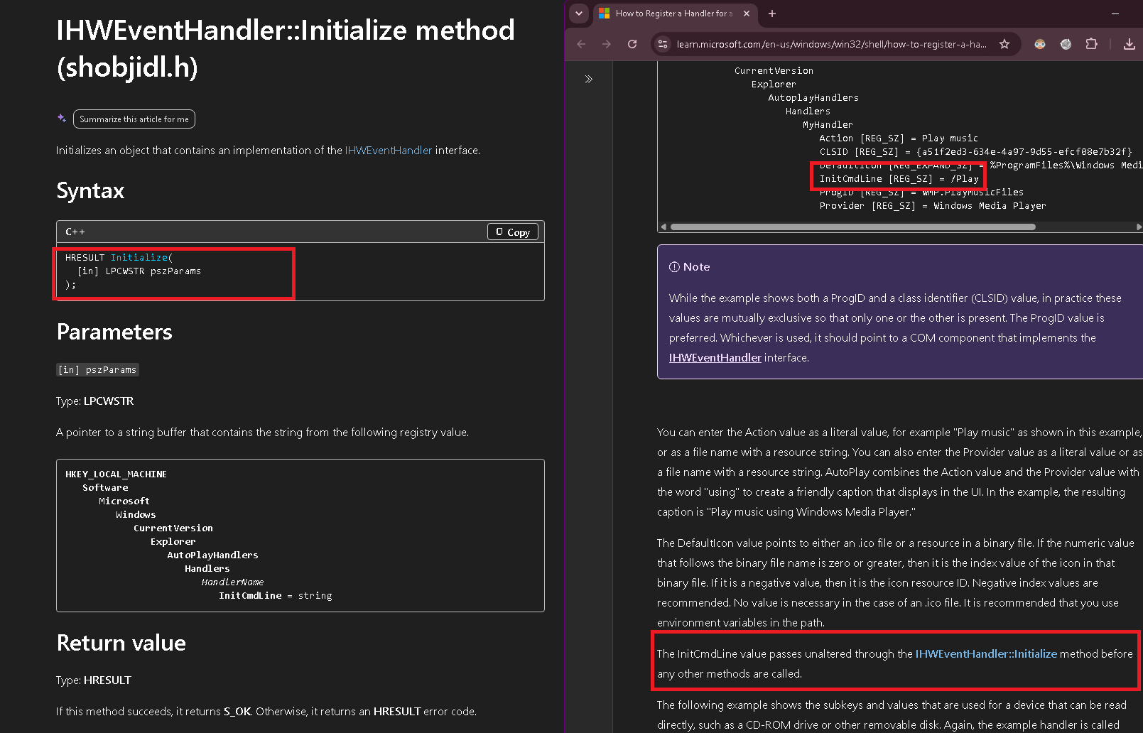 IHWEventHandler docs showing InitCmdLine reaching Initialize