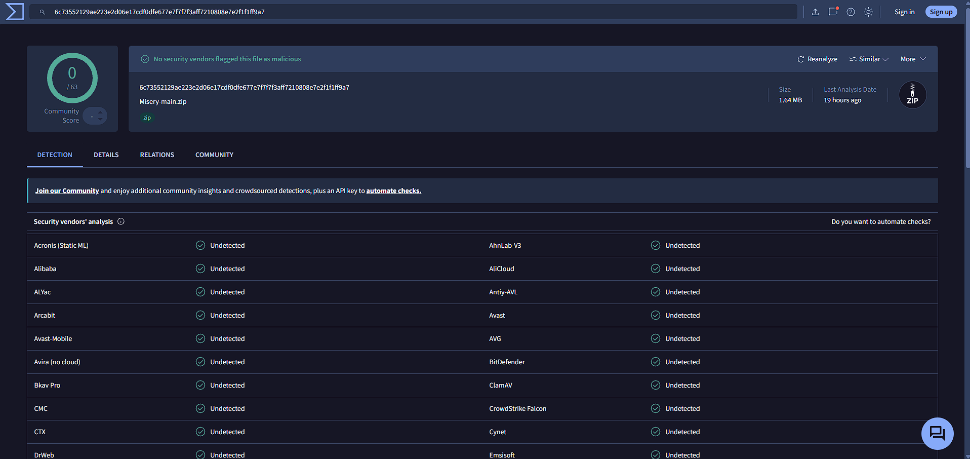 VirusTotal scan result