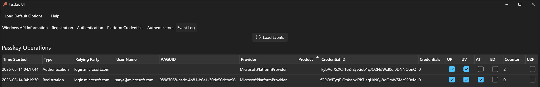 Passkey UI WebAuthn Events Screenshot