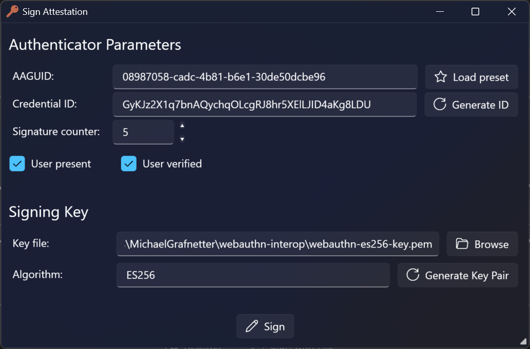 Passkey UI Software Signer Screenshot