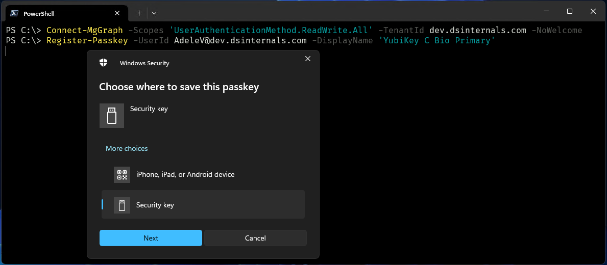 PowerShell Passkey Registration Screenshot