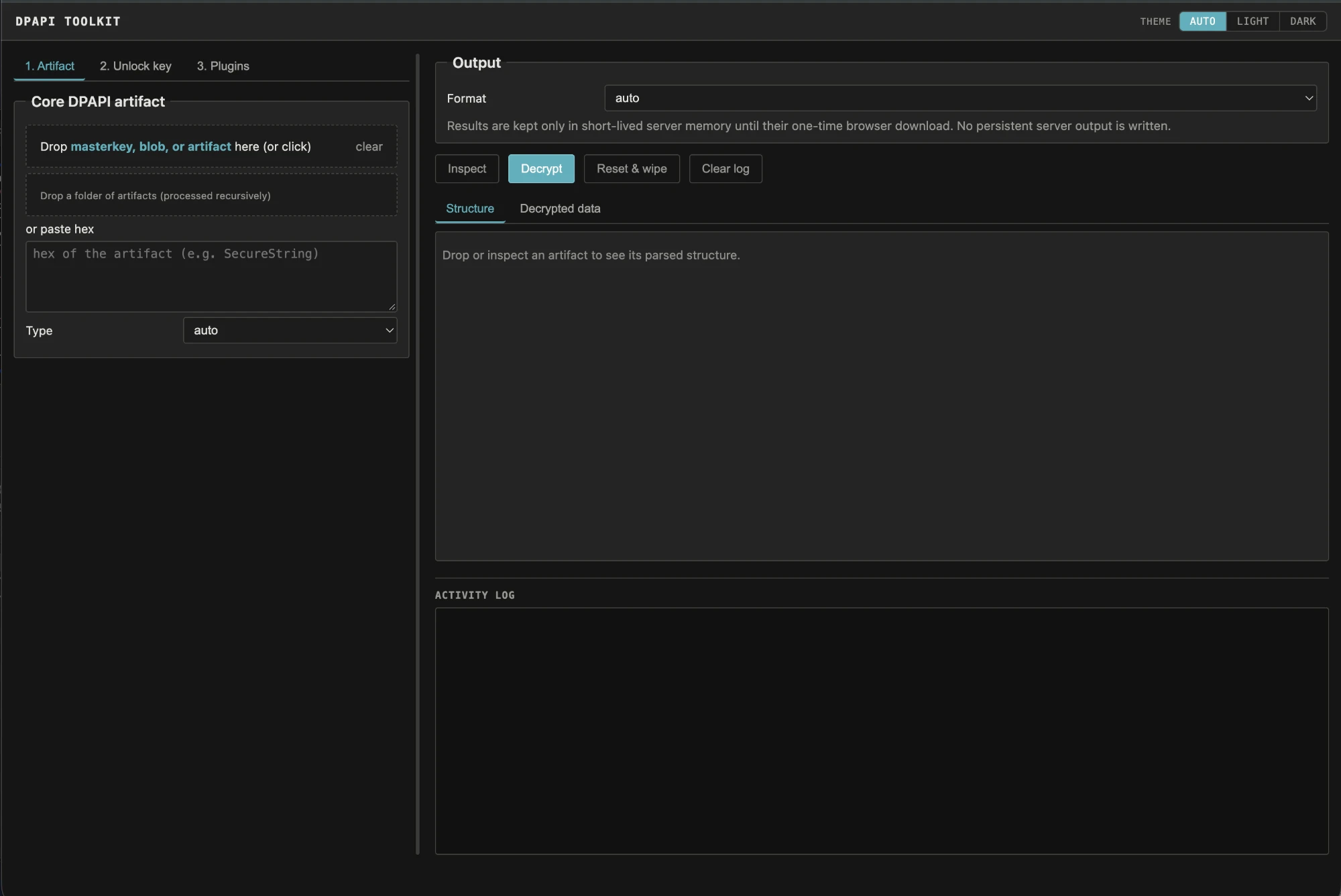 The local web UI: drop an artifact, inspect its structure, add key material, and decrypt — all on 127.0.0.1.