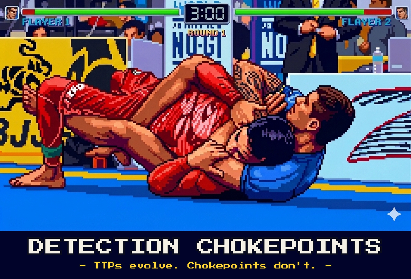 Detection Chokepoints — 16-bit arcade fighting-game scene of a jiu-jitsu rear naked choke with body triangle: the fighter in red has back control and strangles the fighter in blue, with health bars and a match timer overhead