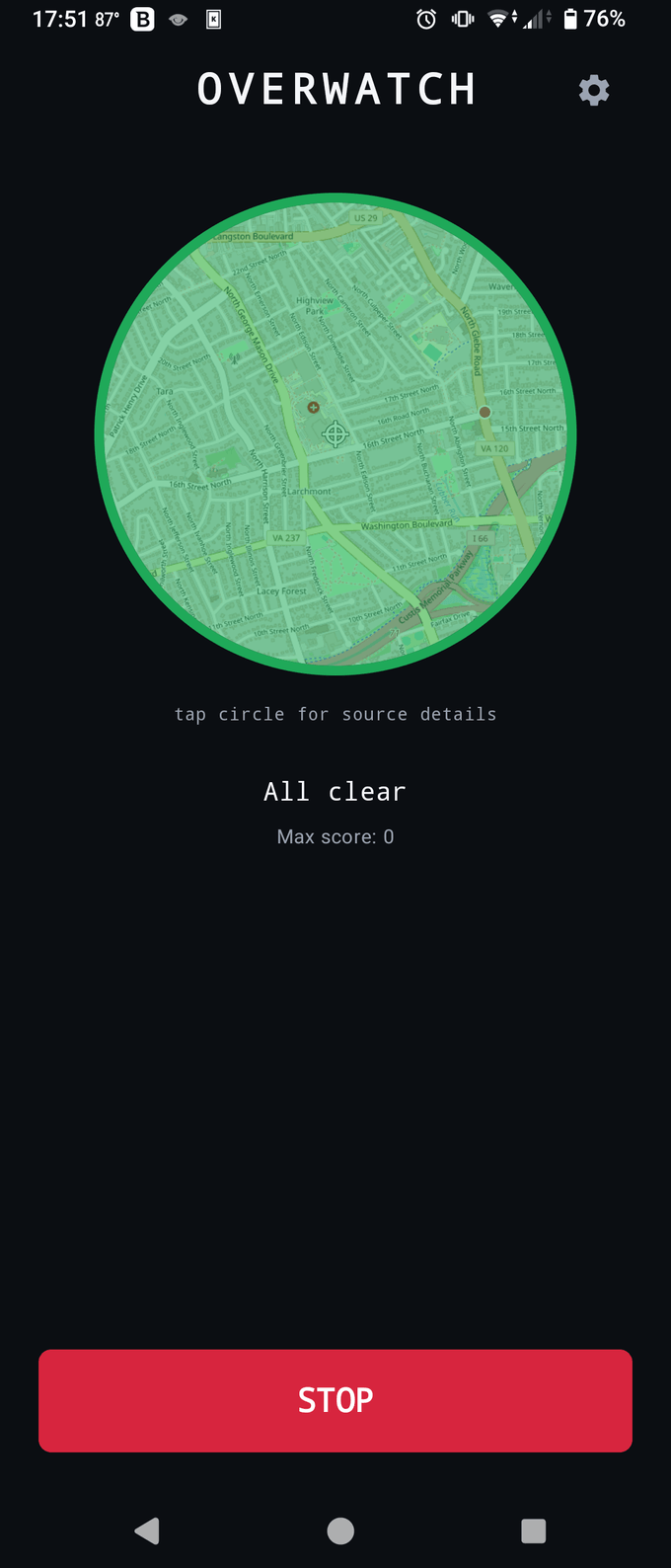 Main screen — live threat-map circle